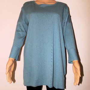 Simply Noelle Brass Button Cotton Knit 3/4 Sleeve Tunic Top - STONE BLUE